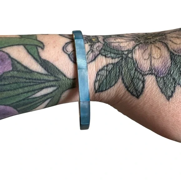 Bangle Bracelet. Silver Toned and Blue Mother of Pearl. - Picture 4 of 9
